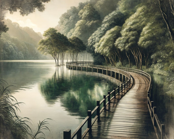 Serene Landscape with Boardwalk by Tranquil Lake