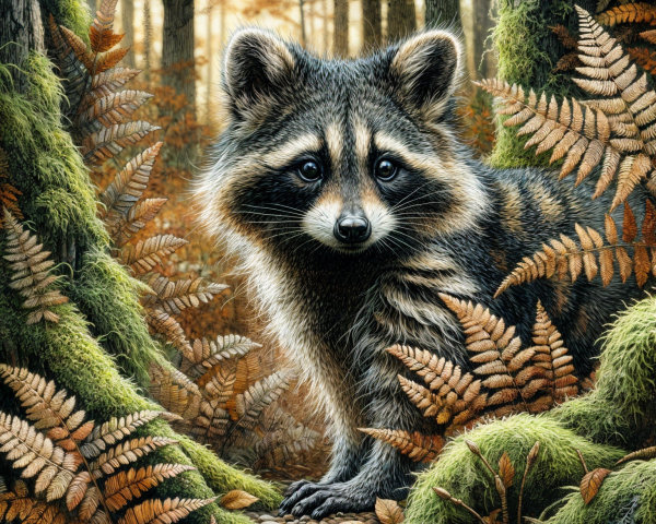 Raccoon in a Lush Forest with Sunlight and Foliage