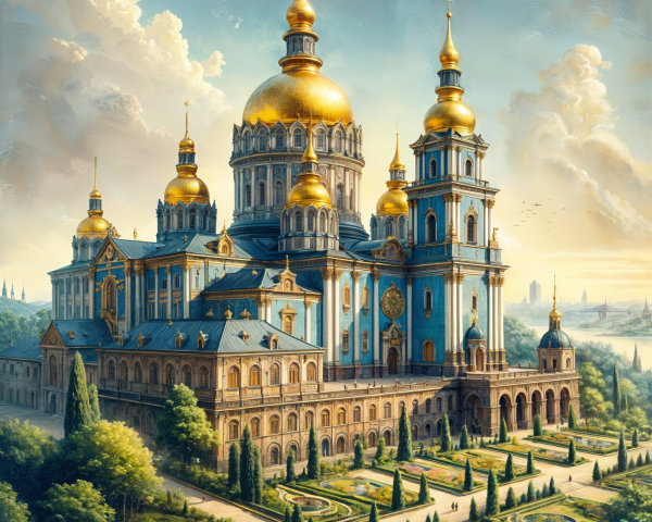 Ornate Palace with Golden Domes and Lush Gardens