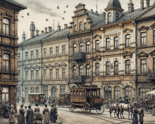 Historic Street Scene with Carriages and Period Fashion