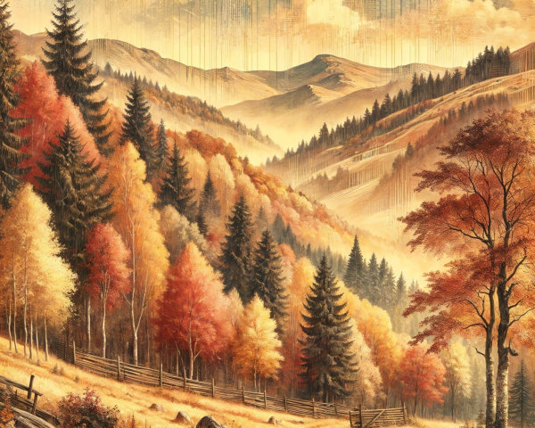 Autumn Landscape with Vibrant Trees and Misty Hills