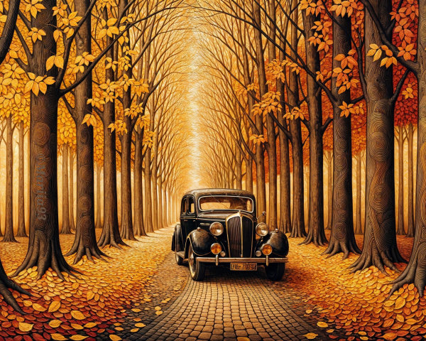 Vintage Black Car on Cobblestone Path in Autumn
