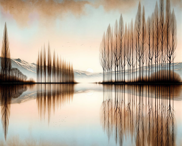 Tranquil Lake Landscape with Reflective Trees and Mist