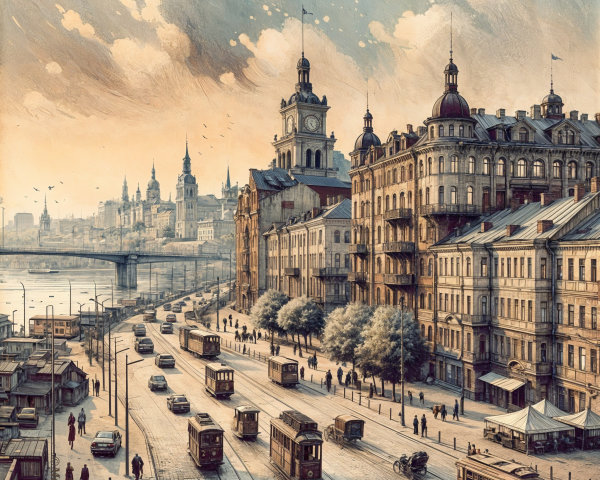Vintage Cityscape Along a River with Grand Architecture