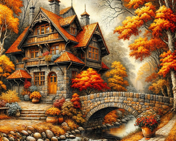 Rustic wooden and stone house in autumn landscape