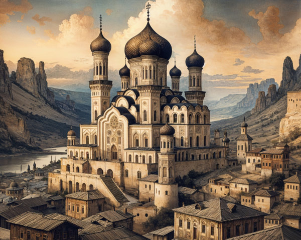 Majestic Building with Ornate Domes in Mountain Village