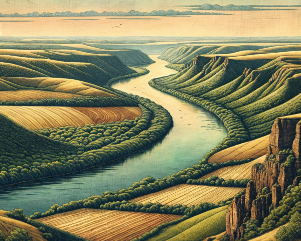 Serene landscape with winding river and lush valleys