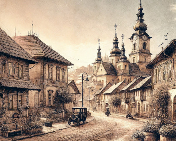 Vintage village scene with wooden houses and sunrise