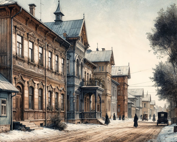 Historic Winter Street Scene with Wooden Buildings