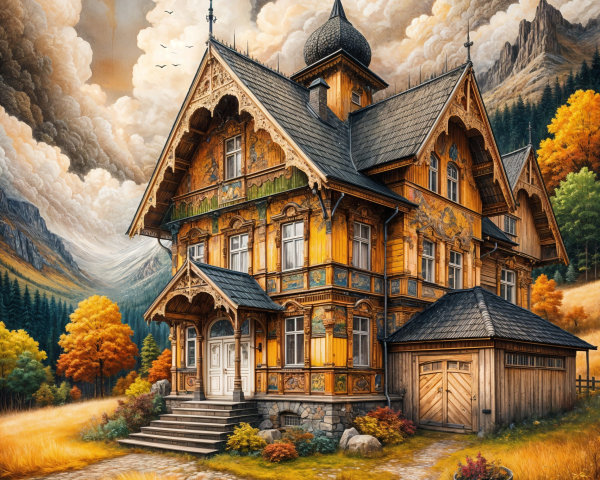 Wooden House in Vibrant Autumn Landscape with Mountains