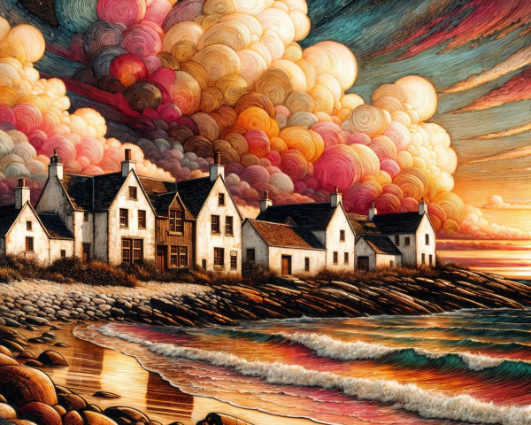 Coastal Scene with Cottages and Sunset Reflections