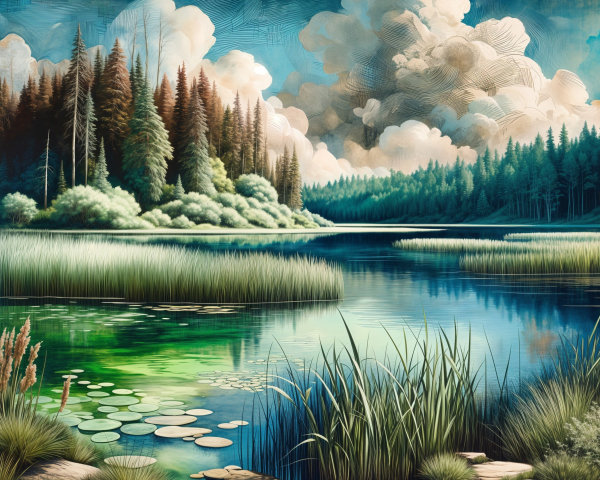 Tranquil Lake Surrounded by Lush Greenery and Pines