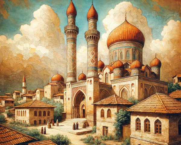 Ornate mosque in a serene landscape with traditional buildings
