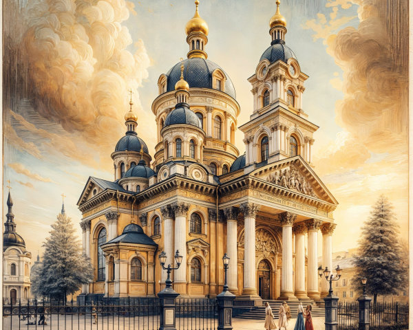 Majestic Cathedral with Golden Domes and Lush Surroundings