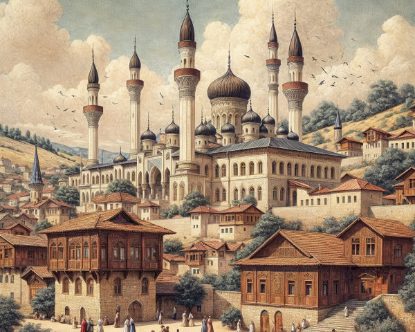 Ornate Palace Landscape with Traditional Village Scene