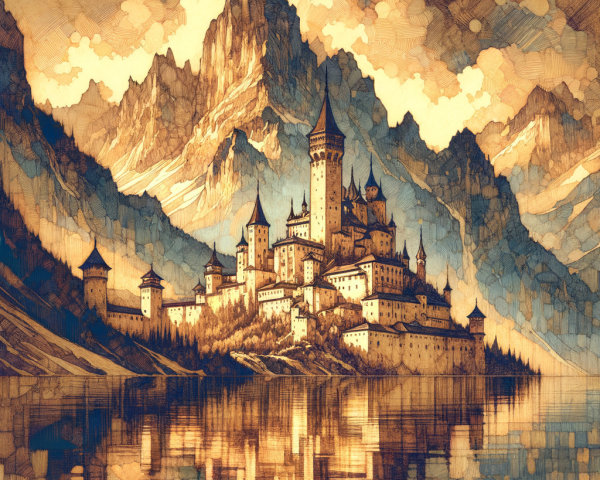 Fantasy Watercolor Painting of a Kingdom at Dusk