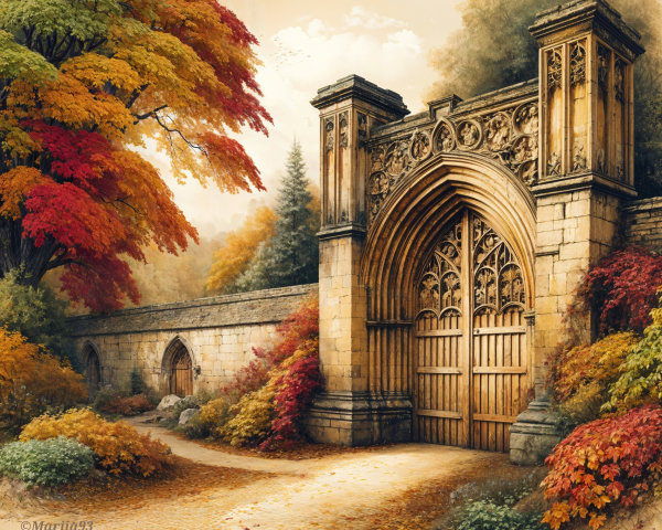 Majestic Stone Gateway Surrounded by Autumn Foliage