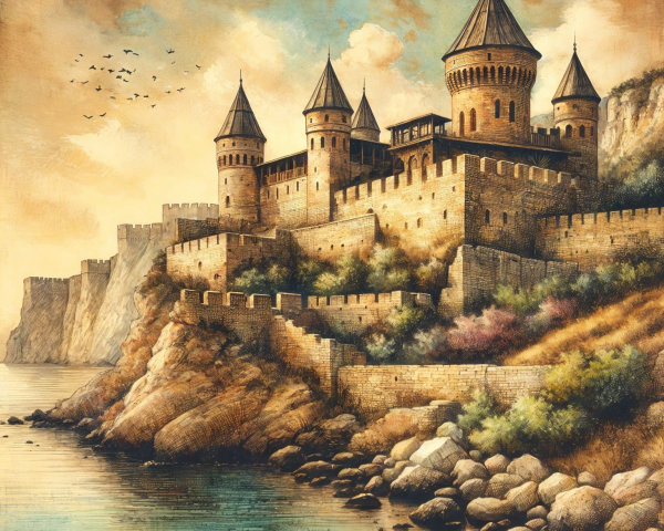 Majestic castle on a cliff with serene water view