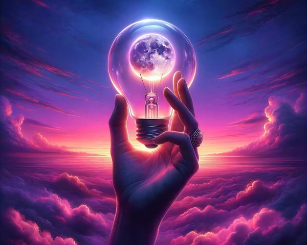 Hand Holding Lightbulb with Moon Above Colorful Clouds
