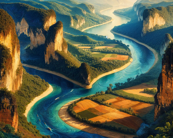 Winding River in Lush Green Valley Landscape