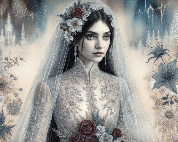 Young woman in lace wedding gown with floral details
