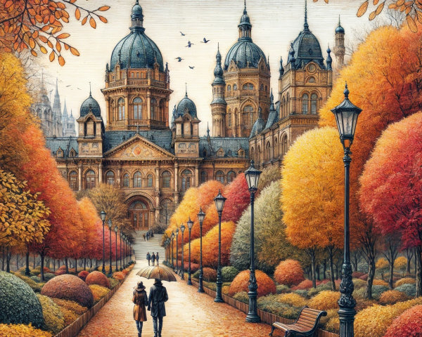 Autumn Park Scene with Foliage and Grand Architecture