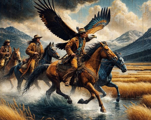 Horseback Riders Charging Through a Stream with Eagle