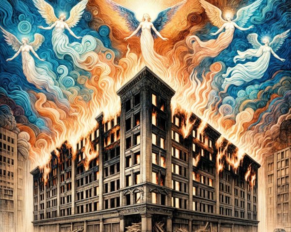 Burning Building with Angels and Dramatic Sky