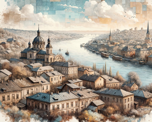 Serene City Landscape by Winding River and Skyline