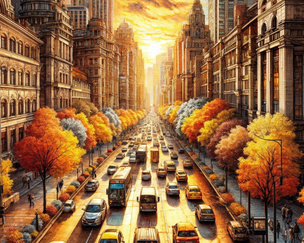 Vibrant cityscape with bustling streets at sunset