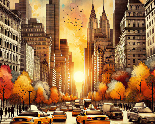 Urban Sunset Scene with Skyscrapers and Taxis