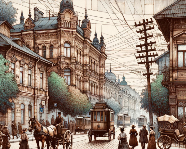 Vintage City Street Scene with Horse-Drawn Carriage