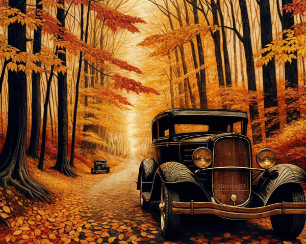Vintage Black Car on Winding Forest Path in Autumn