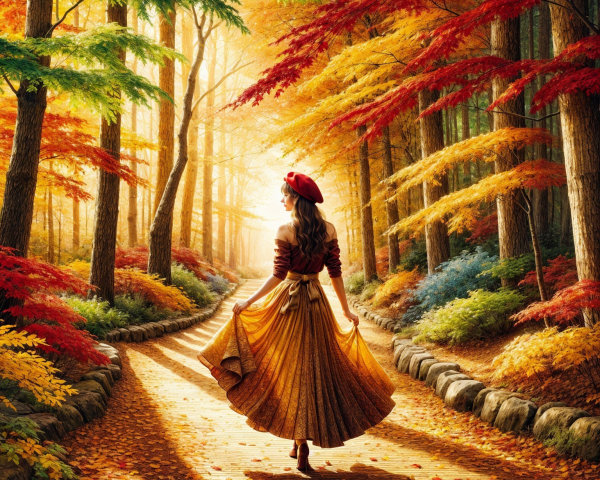 Woman in Dress Amidst Autumn Foliage and Sunlight