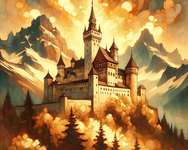 Fantasy Landscape Featuring Castle and Snowy Mountains
