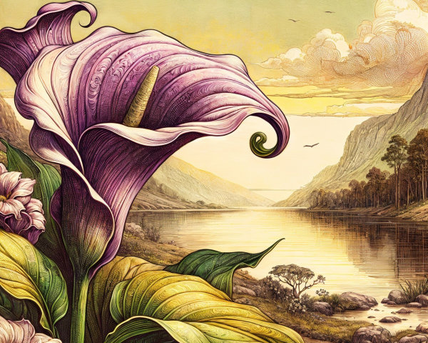 Vibrant Calla Lily Illustration in Serene Landscape