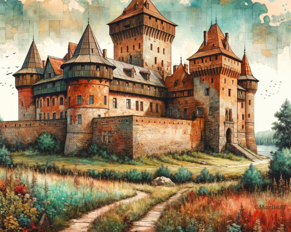 Medieval castle surrounded by greenery and wildflowers
