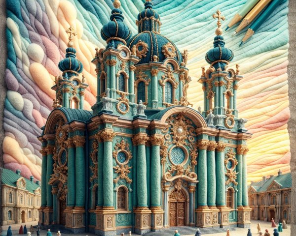 Ornate church with turquoise façade and gold accents