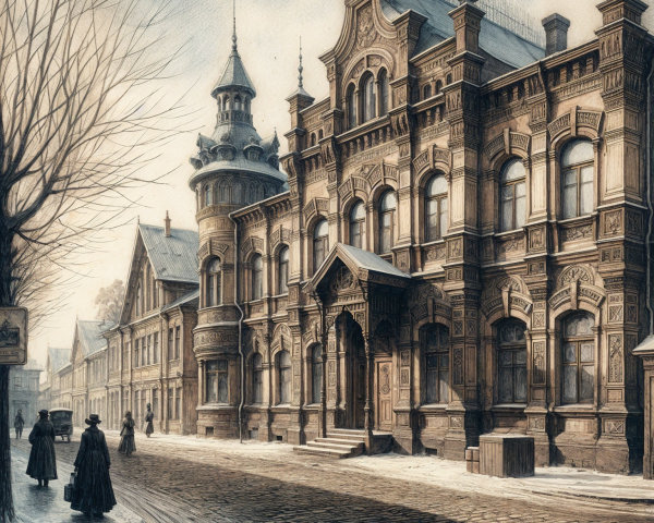 Historic street scene with ornate architecture and figures