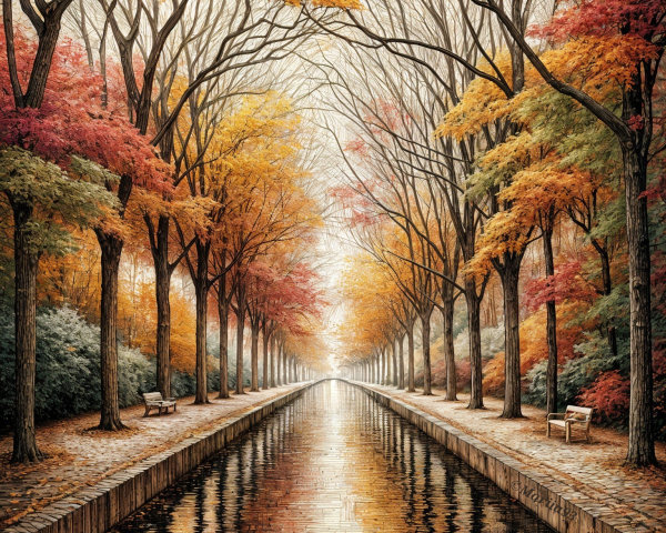 Autumn Landscape with Canal and Vibrant Foliage