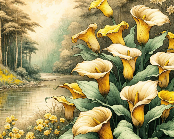 Serene Landscape with River and Blooming Calla Lilies
