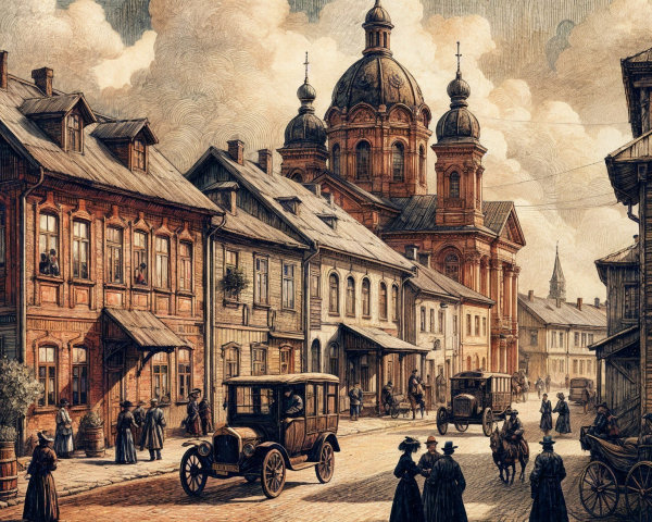 Historic Street Scene with Wooden Buildings and Church