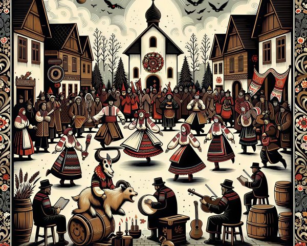 Vibrant Eastern European Village Folk Art Illustration