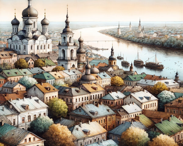 Historic Riverside Town with Colorful Rooftops and Spires