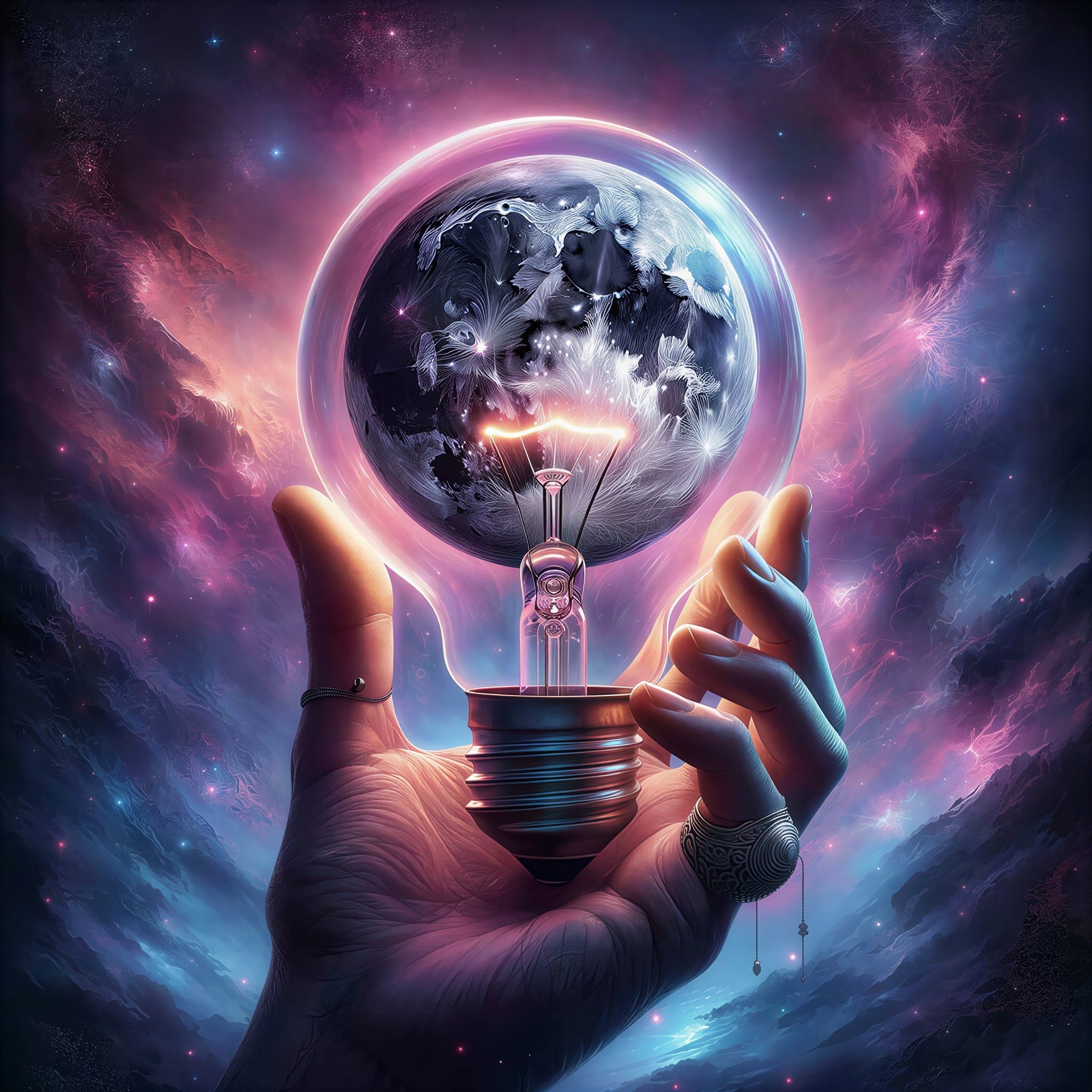 Surreal Cosmic Scene of Earth in a Glowing Lightbulb