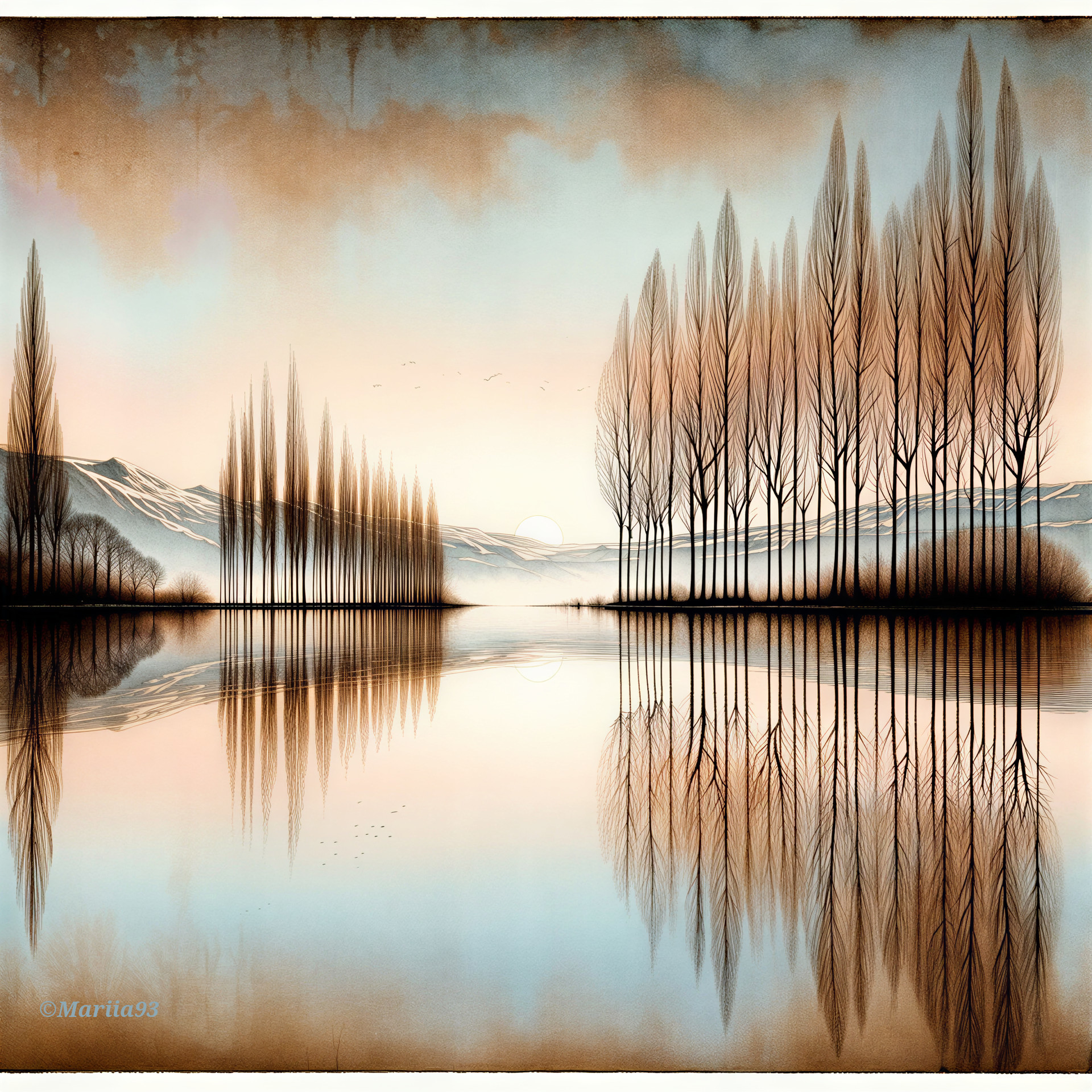 Tranquil Lake Landscape with Reflective Trees and Mist