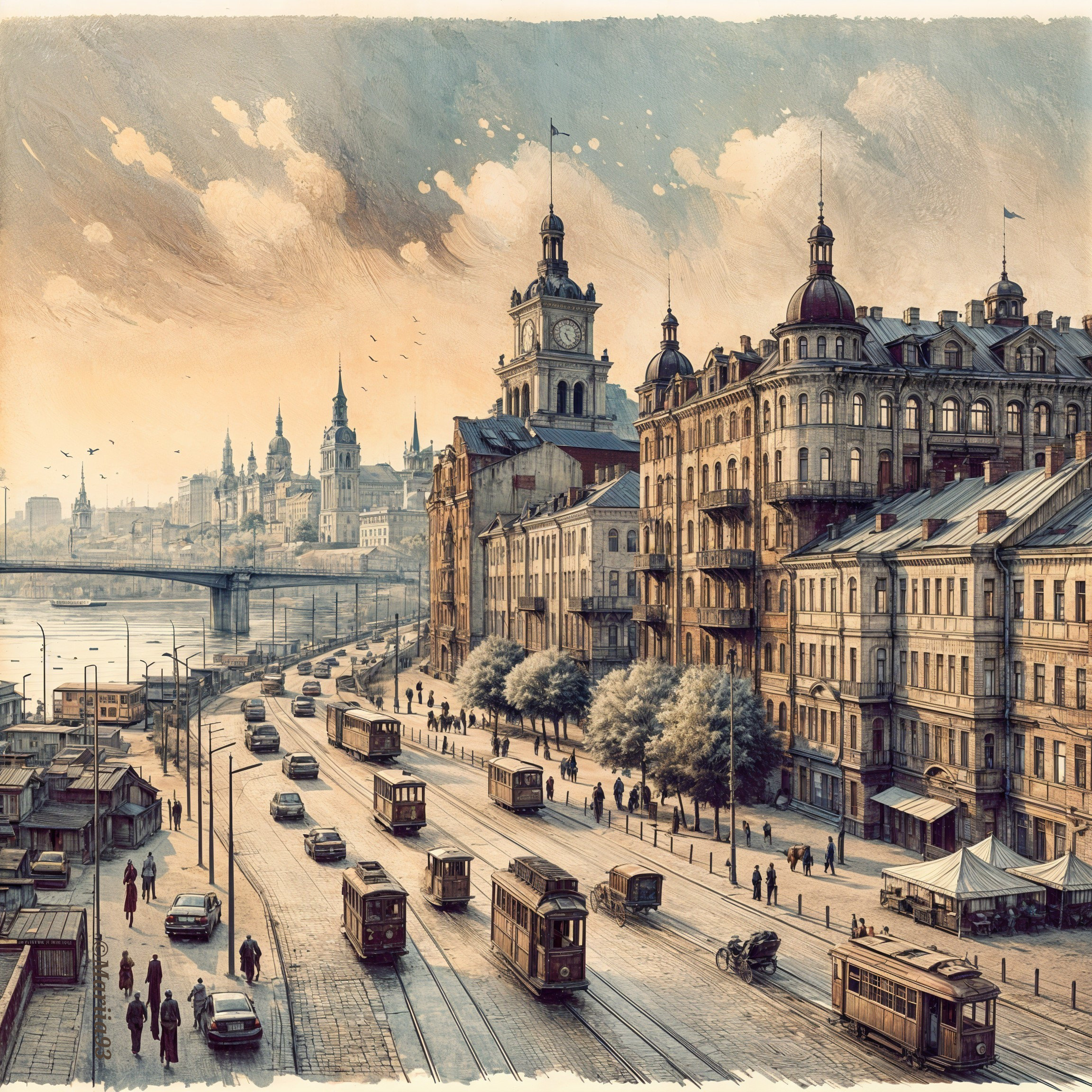 Vintage Cityscape Along a River with Grand Architecture