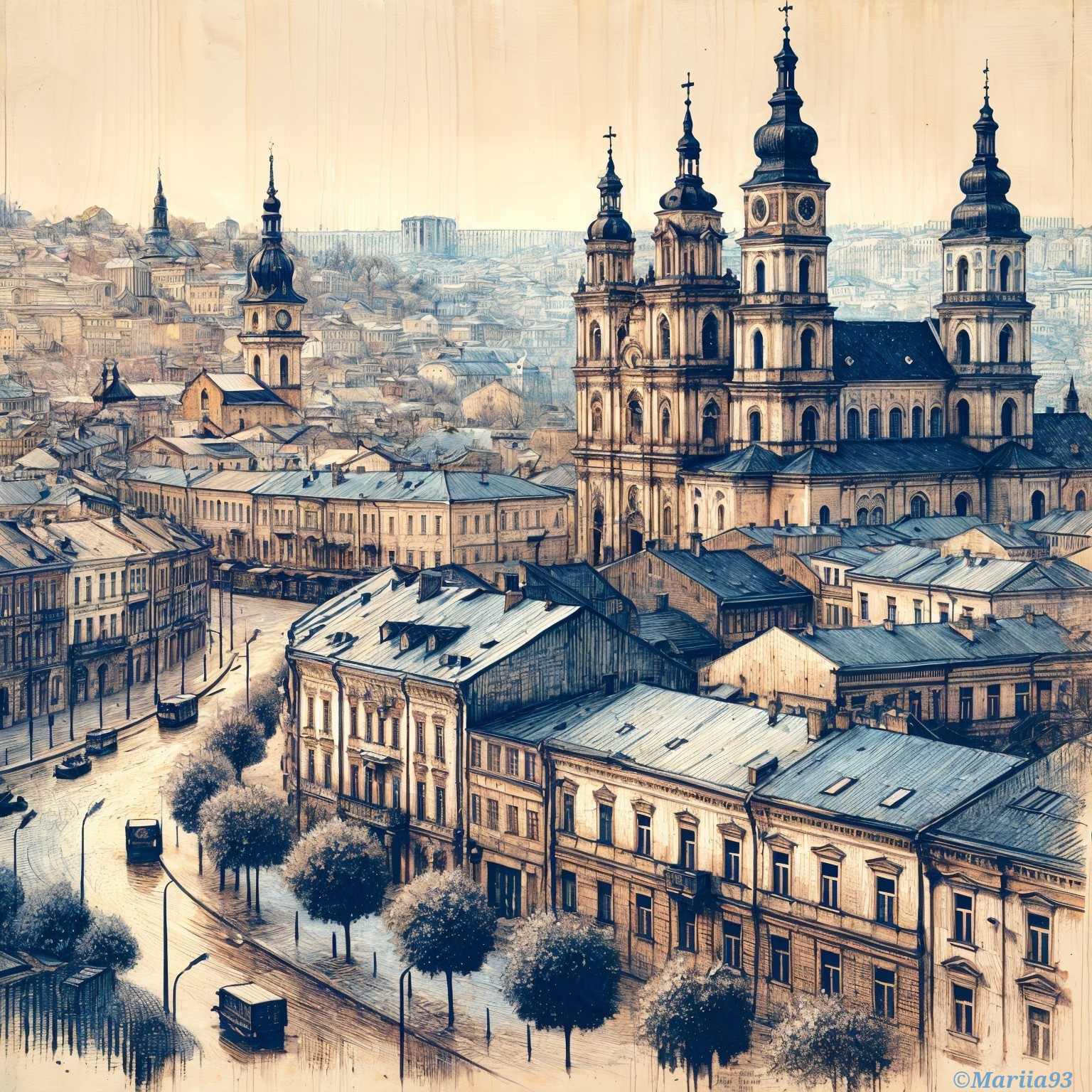 Historic Cityscape with Charming Architecture and Trams