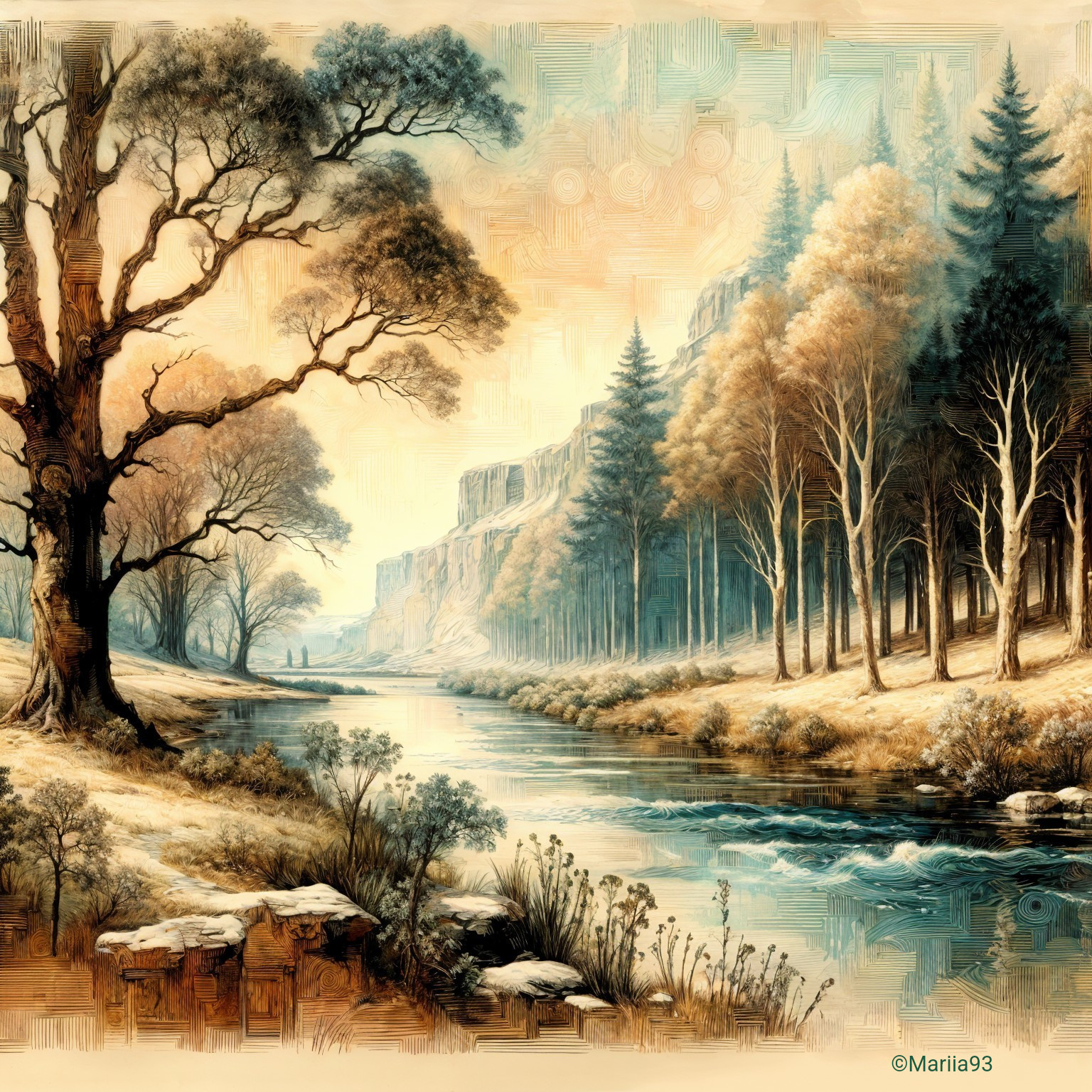 Tranquil Landscape with River and Majestic Cliffs