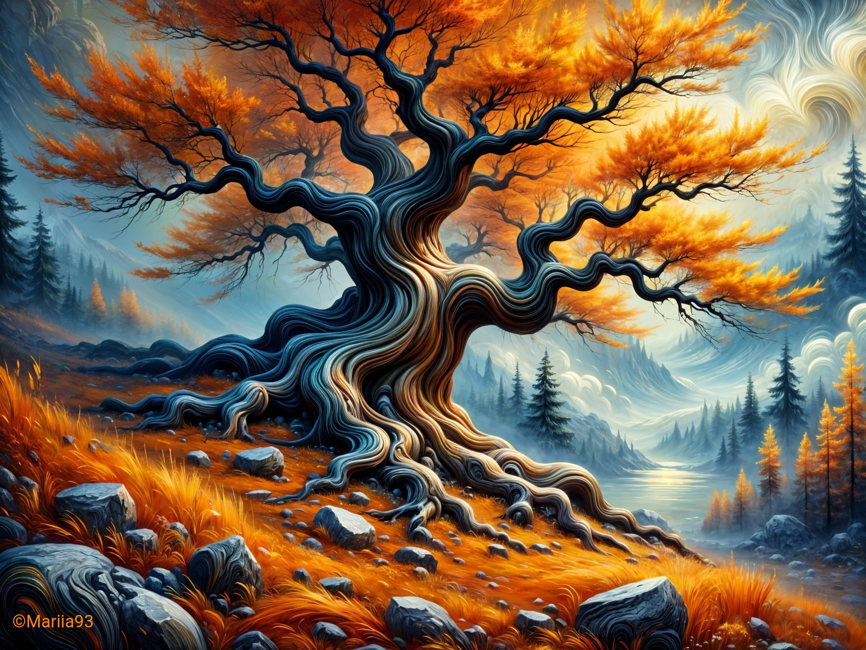 Twisted Tree with Orange Leaves by a Tranquil River